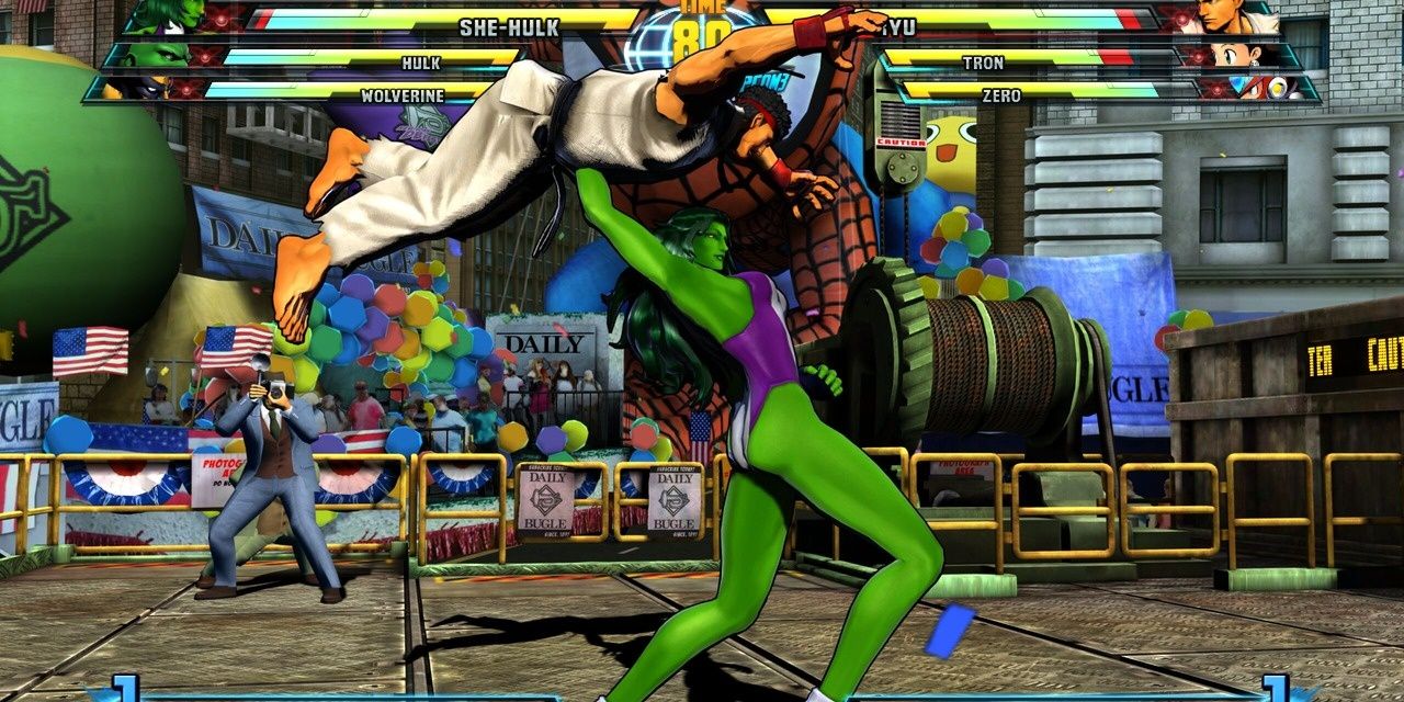 She-Hulk beats up an opponent in Marvel vs Capcom 3 Fate Of Two Worlds