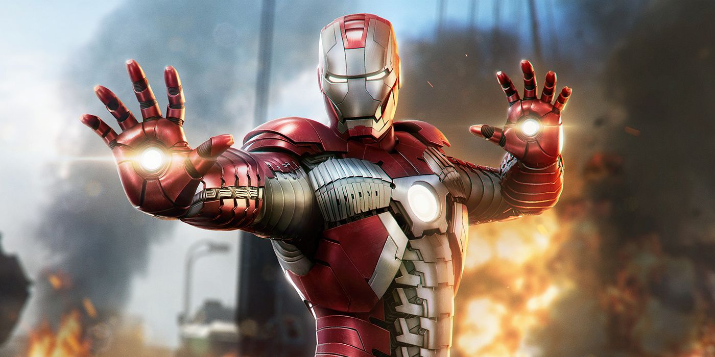 Iron Man preparing to fire the two Repulsors in his suit's palms in Marvel's Avengers.