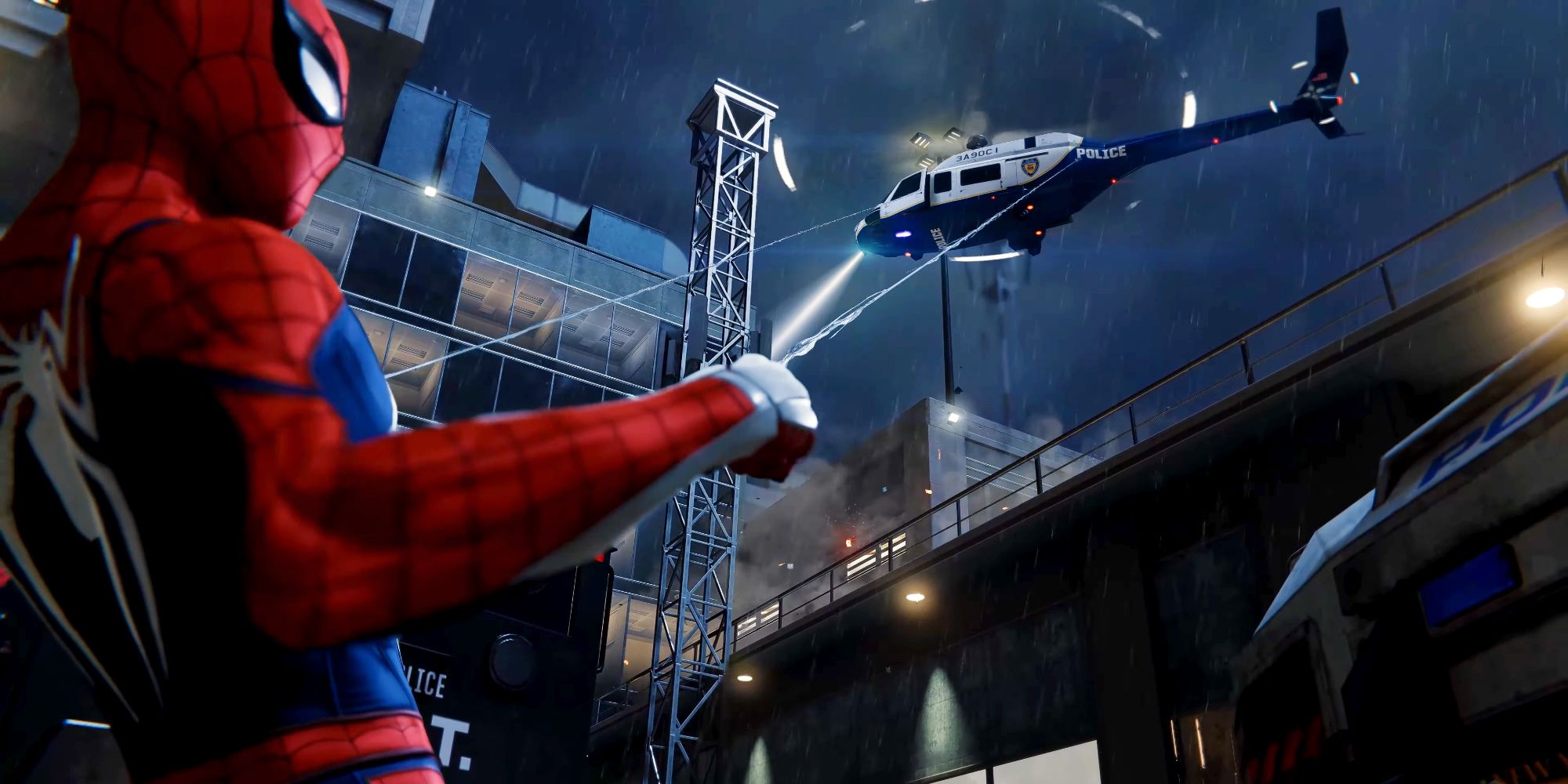 Spider-Man pulls down a police helicopter with his webs in Marvel's Spider-Man
