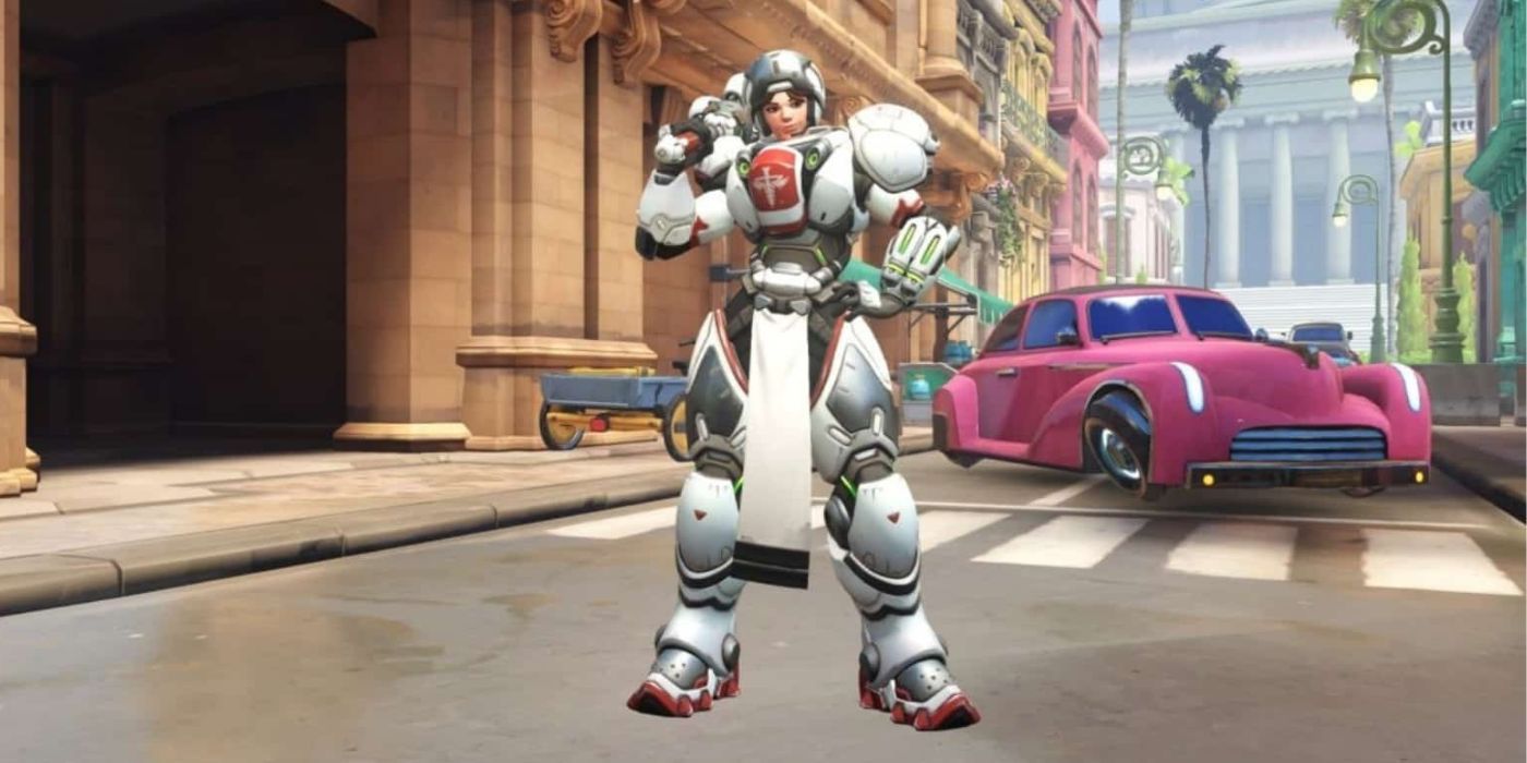 A Brigitte wearing the Medic skin and posing on the Havana map, looking ready for battle.