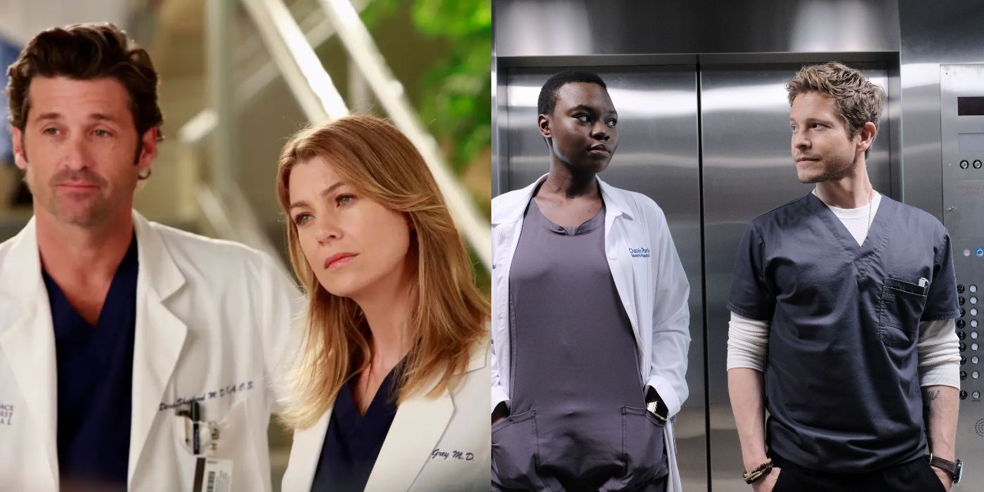 Split image of Derek and Meredith on Grey's Anatomy and Mina and Conrad in The Resident