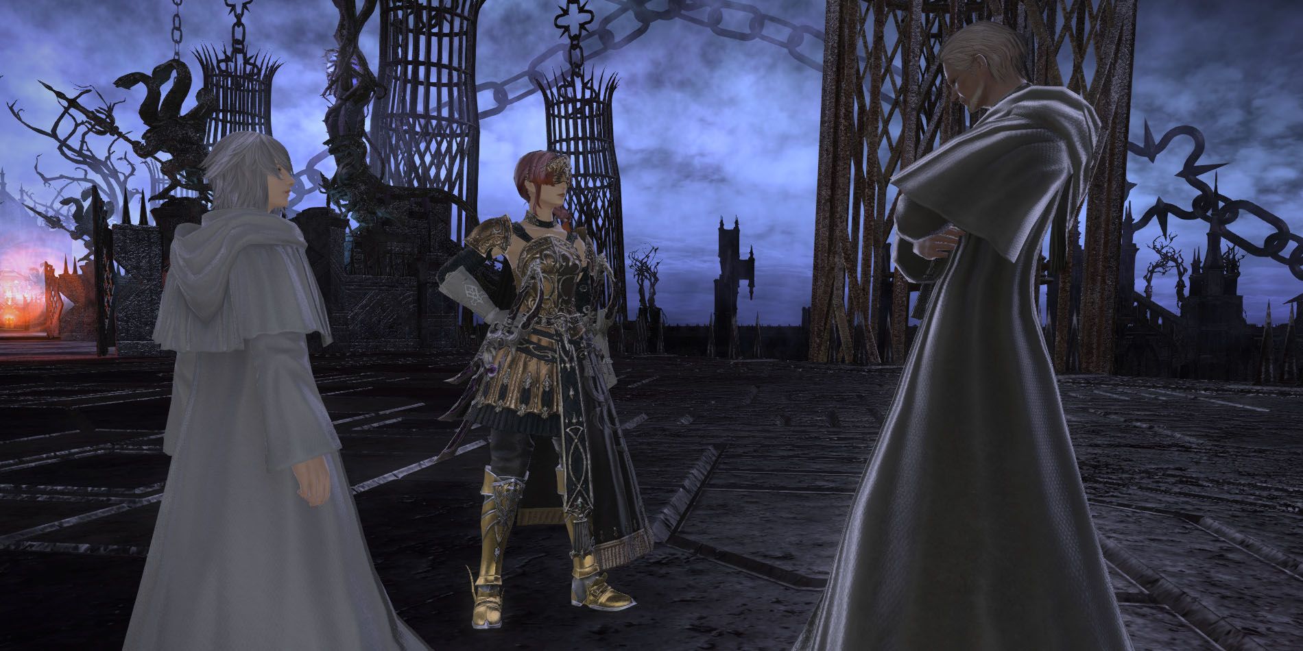 Um jogador se encontrando com Themis e Lahabrea em Final Fantasy 14