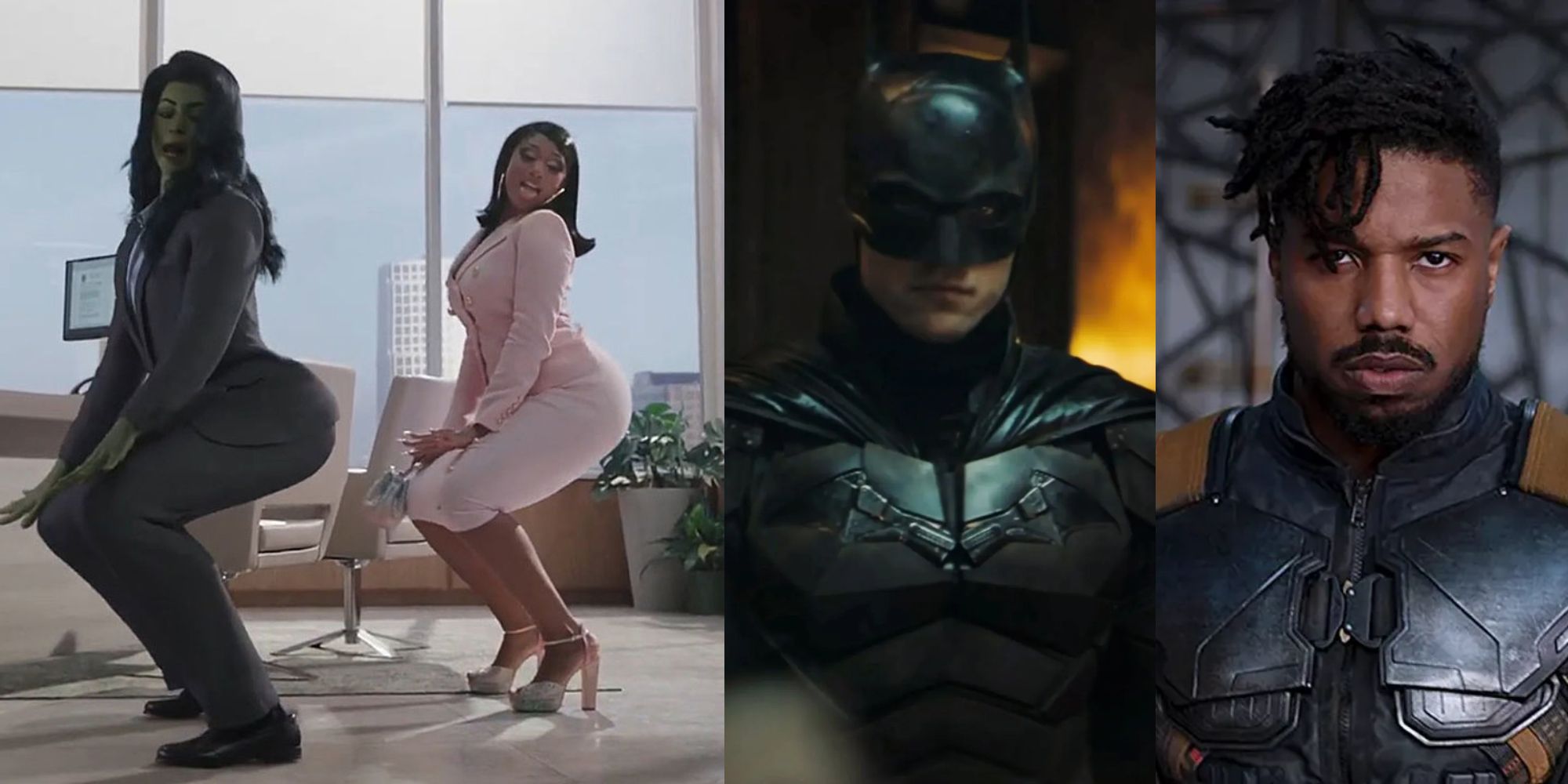 Split image of Megan Thee Stallion in She-Hulk, Robert Pattinson as Batman, and Michael B. Jordan as Killmonger