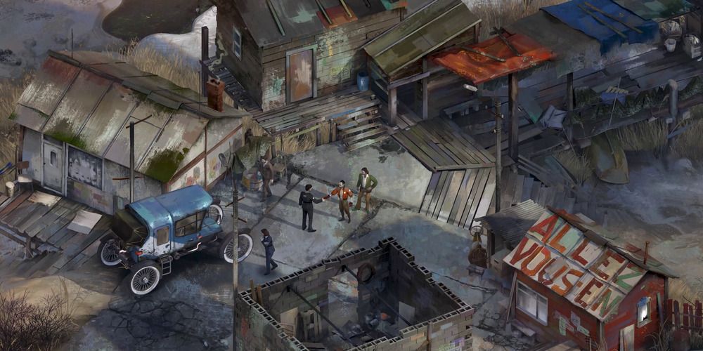Men meeting in an abandoned town in Disco Elysium The Final Cut 