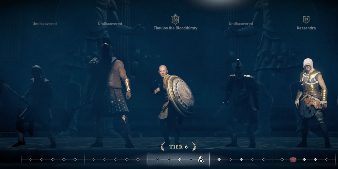 The mercenaries screen showing five Tier 6 mercenaries in Assassin's Creed Odyssey