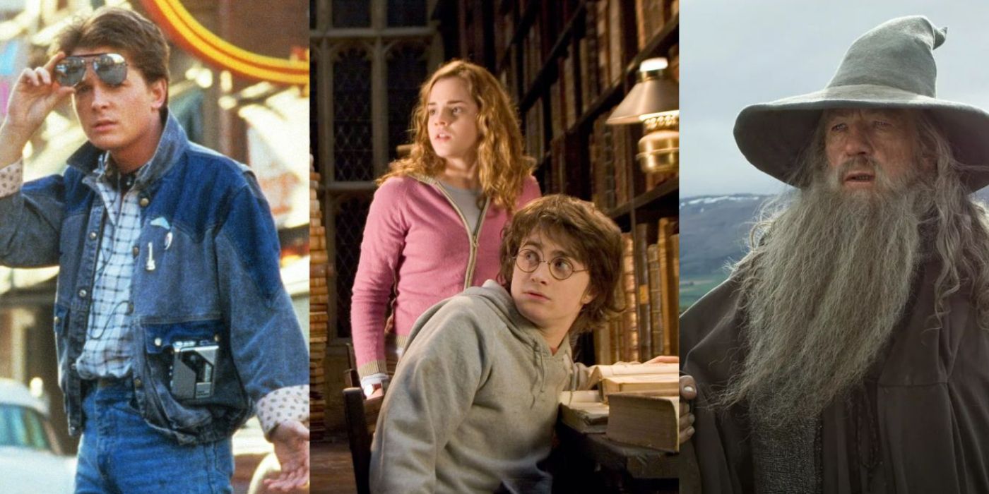 Michael J Fox as Marty McFly in Back To The Future, Emma Watson and Daniel Radcliffe as Hermione Granger and Harry Potter in The Goblet of Fire and Ian McKellen as Gandalf in The Lord Of the Rings Split Image (1)