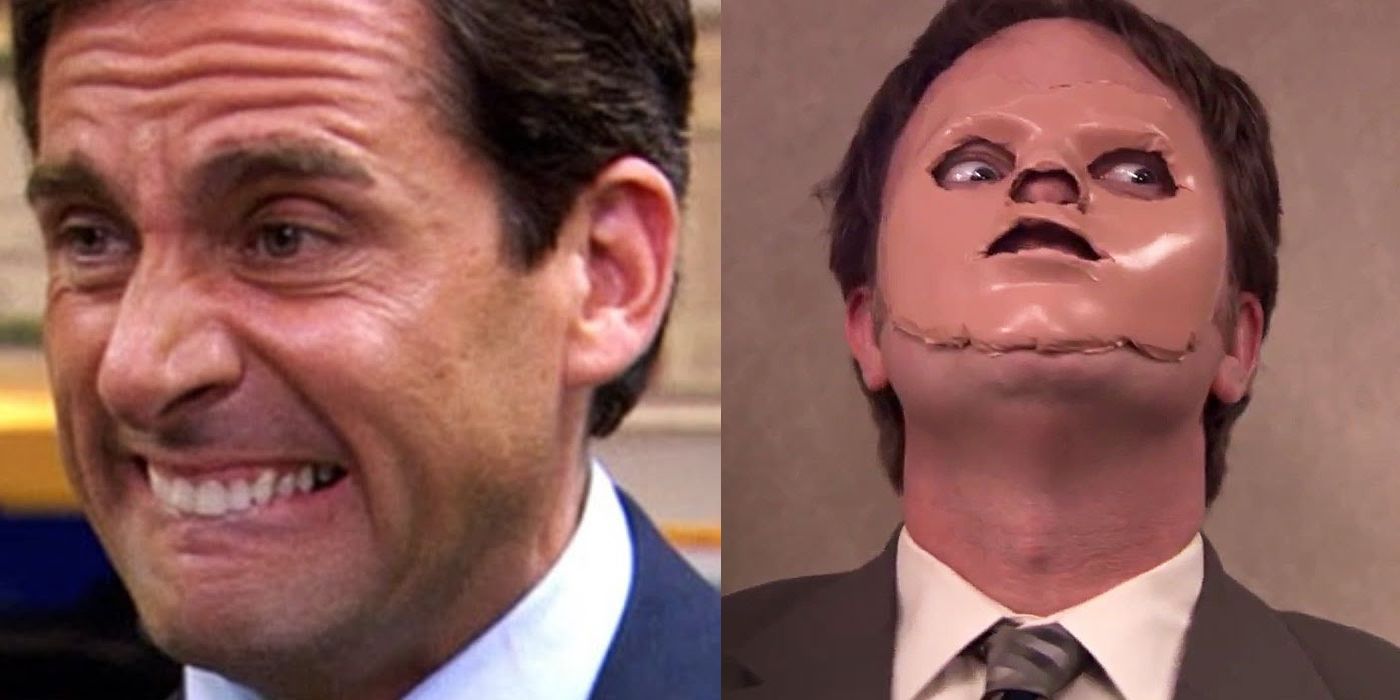 Michael biting his lip in terror; Dwight wearing the dummy's face