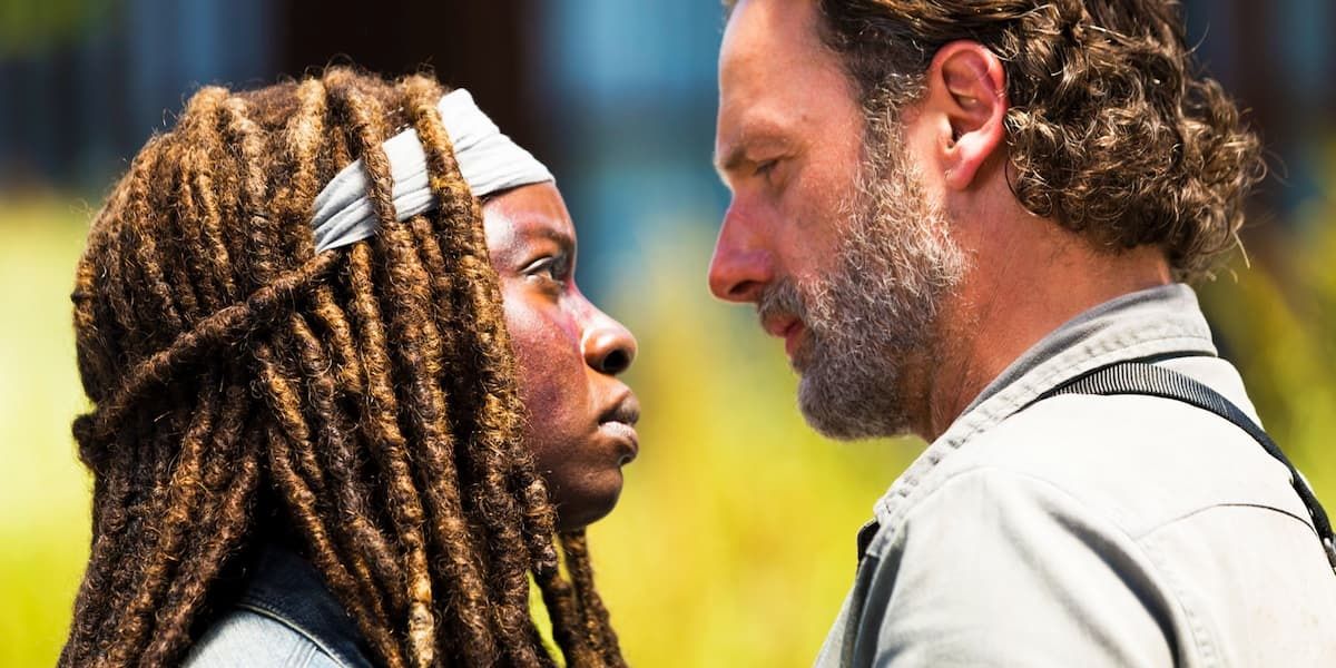 Michonne and Rick look at each other in The Walking Dead 