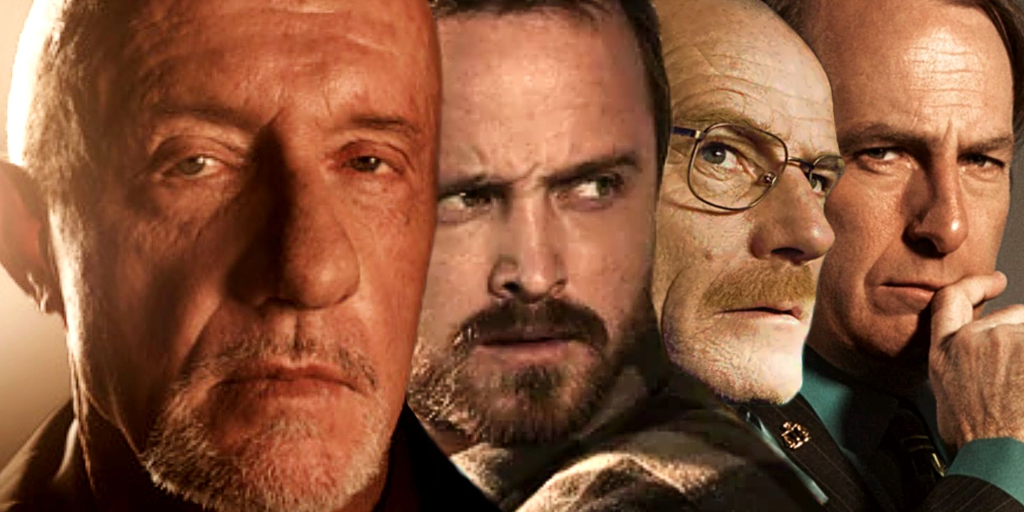 Mike Ehrmantraut, Jesse Pinkman, Walter White e Saul Goodman em Breaking Bad