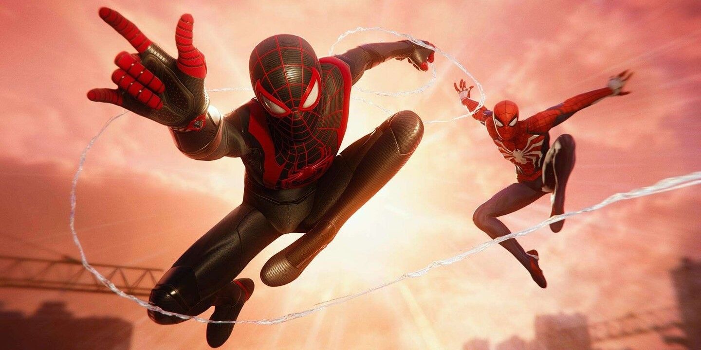 Uma imagem de Miles Morales e Peter Parker balançando pela cidade