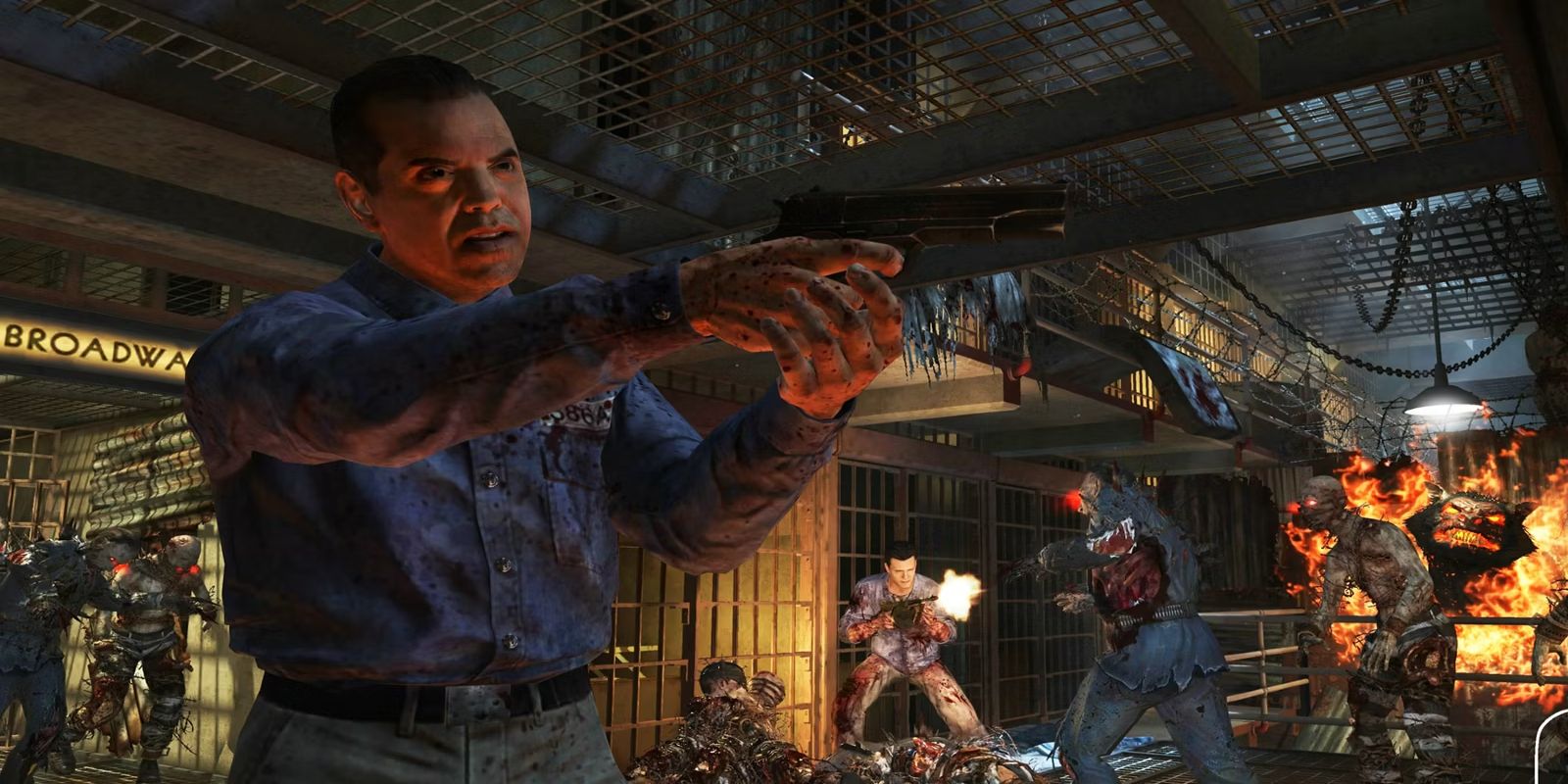 Escaping prisoner pointing a pistol while surrounded by zombies in Call of Duty Black Ops 2 zombies map Mob of the Dead.