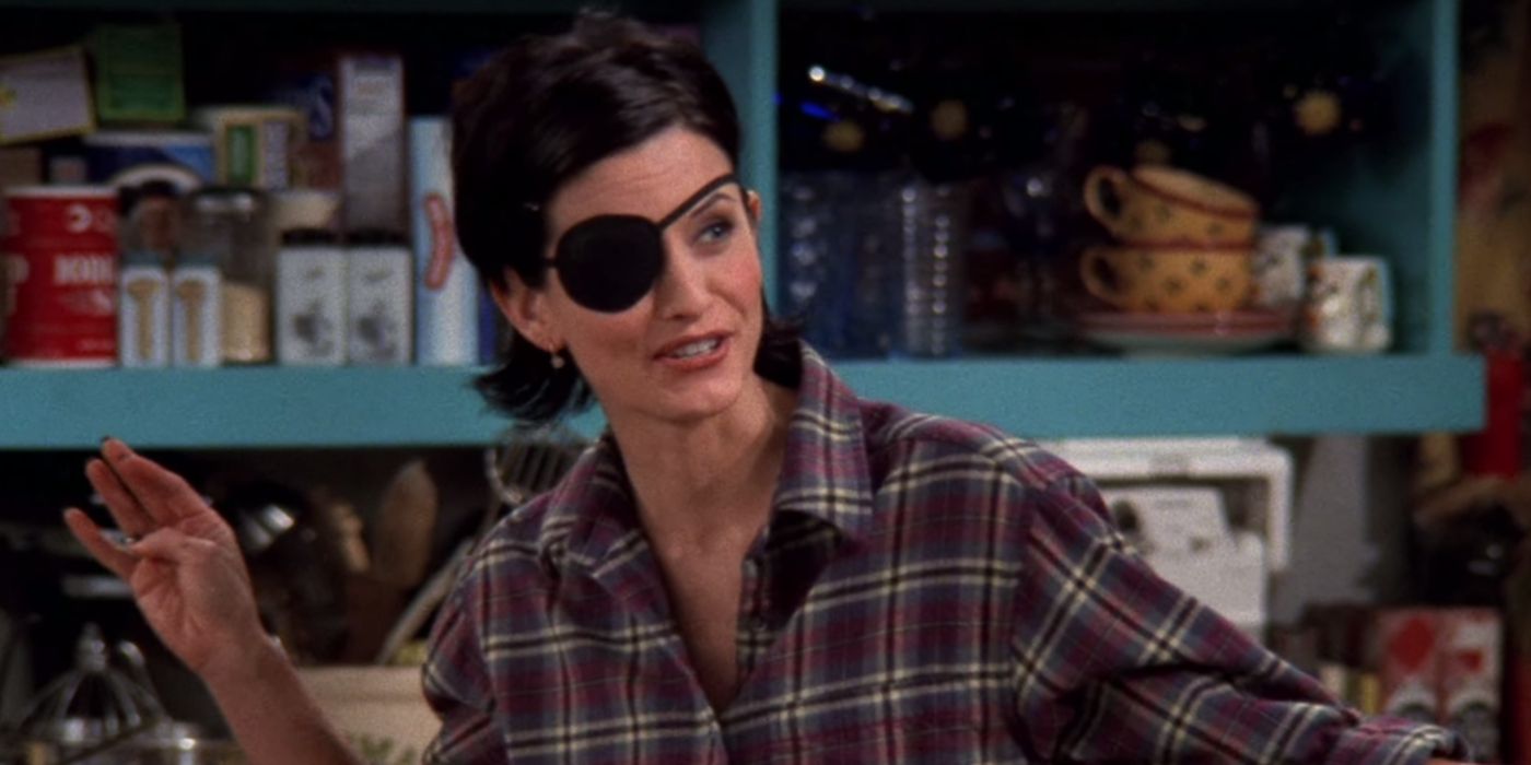 Monica mocks everyone's dating history while wearing an eye patch on Thanksgiving in Friends