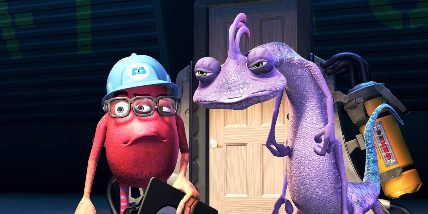 Randall standing next to a his co-worker and a door in Monsters Inc