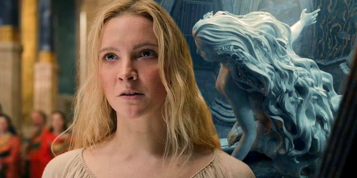 Morfydd Clark as Galadriel and statue in Rings of Power