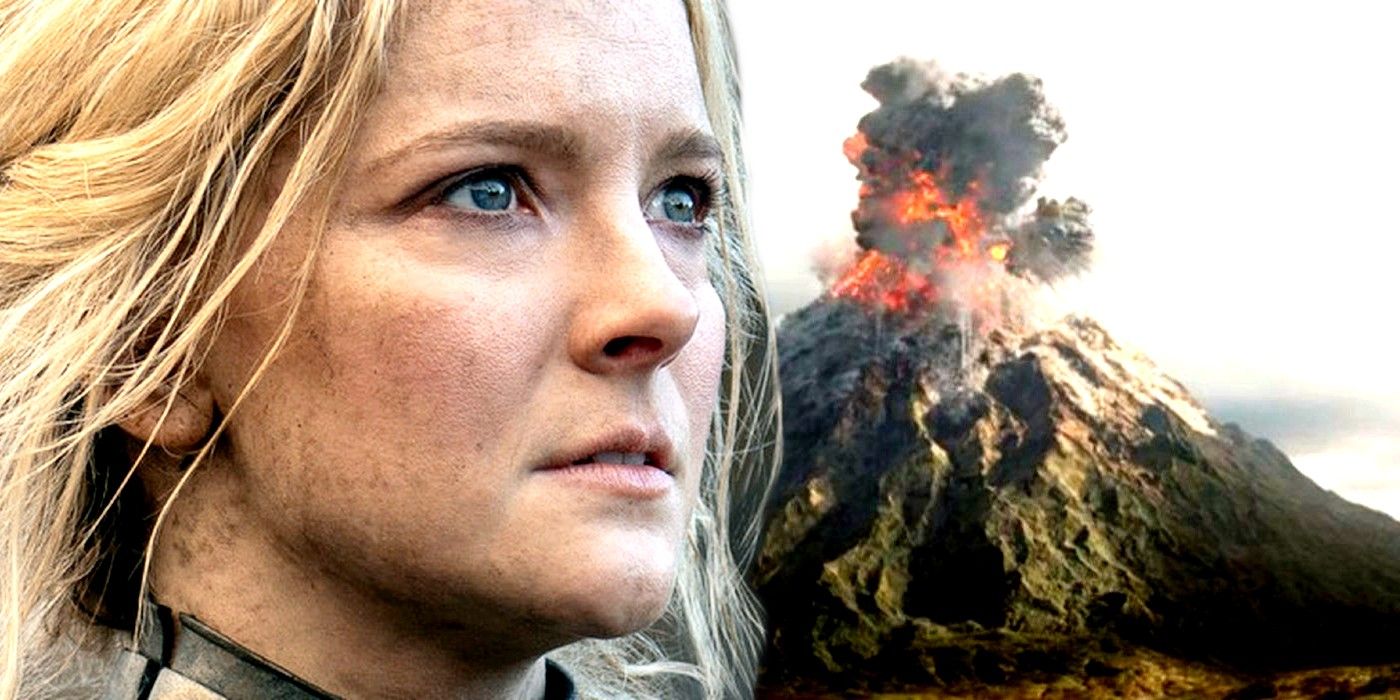 Morfydd Clark as Galadriel and volcano in Rings of Power