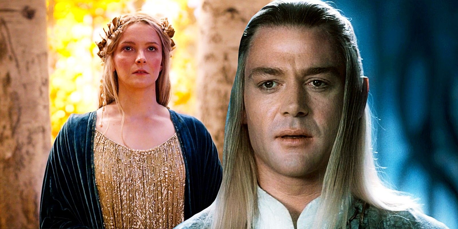 Morfydd Clark as Galadriel in The Rings of Power and Marton Csokas as Celeborn inLord of the Rings The Fellowship of the Ring