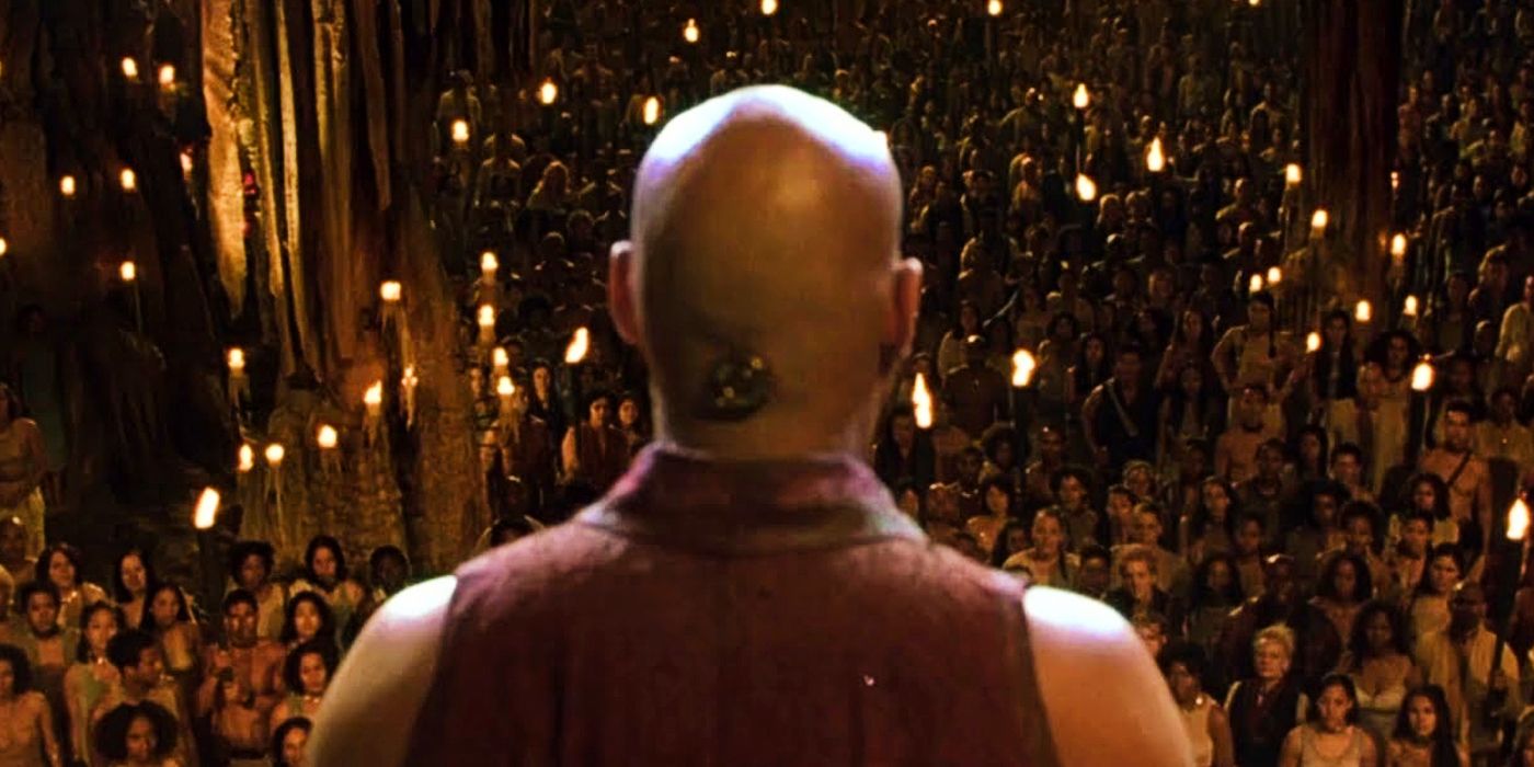 Morpheus addresses the crowd in Zion in Matrix Revolutions