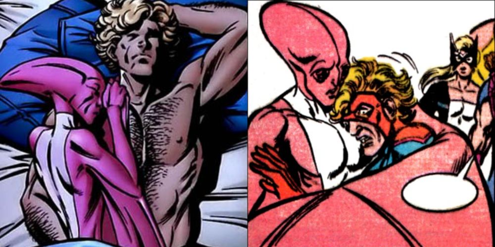 Imagem dividida mostrando o casal Mr. Immortal e Dinah Soar nos quadrinhos da Marvel