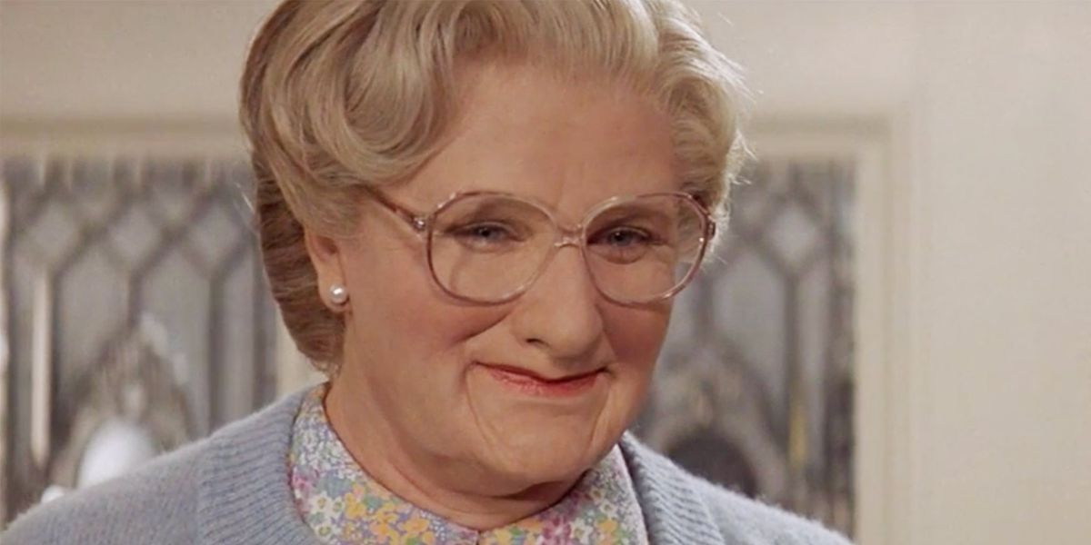 Robin Williams smiling in Mrs. Doubtfire