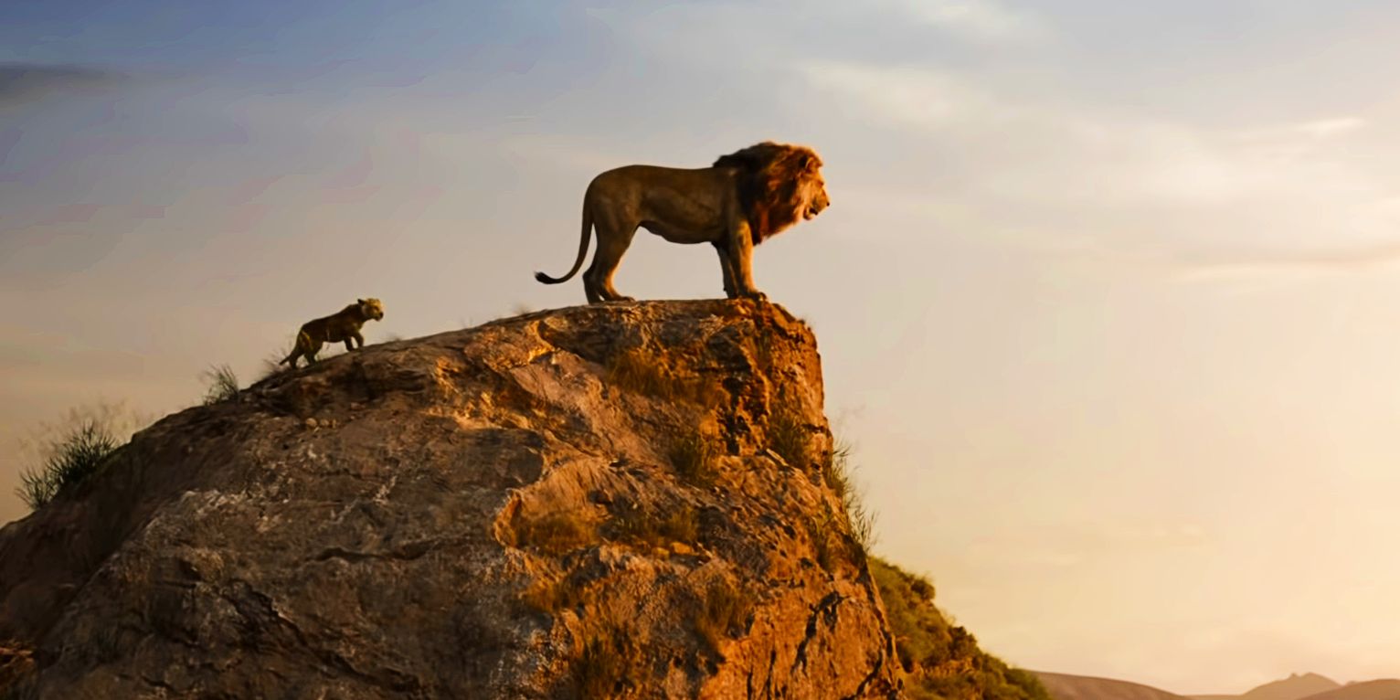 Mufasa and Simba walking to a cliff in The Lion King 