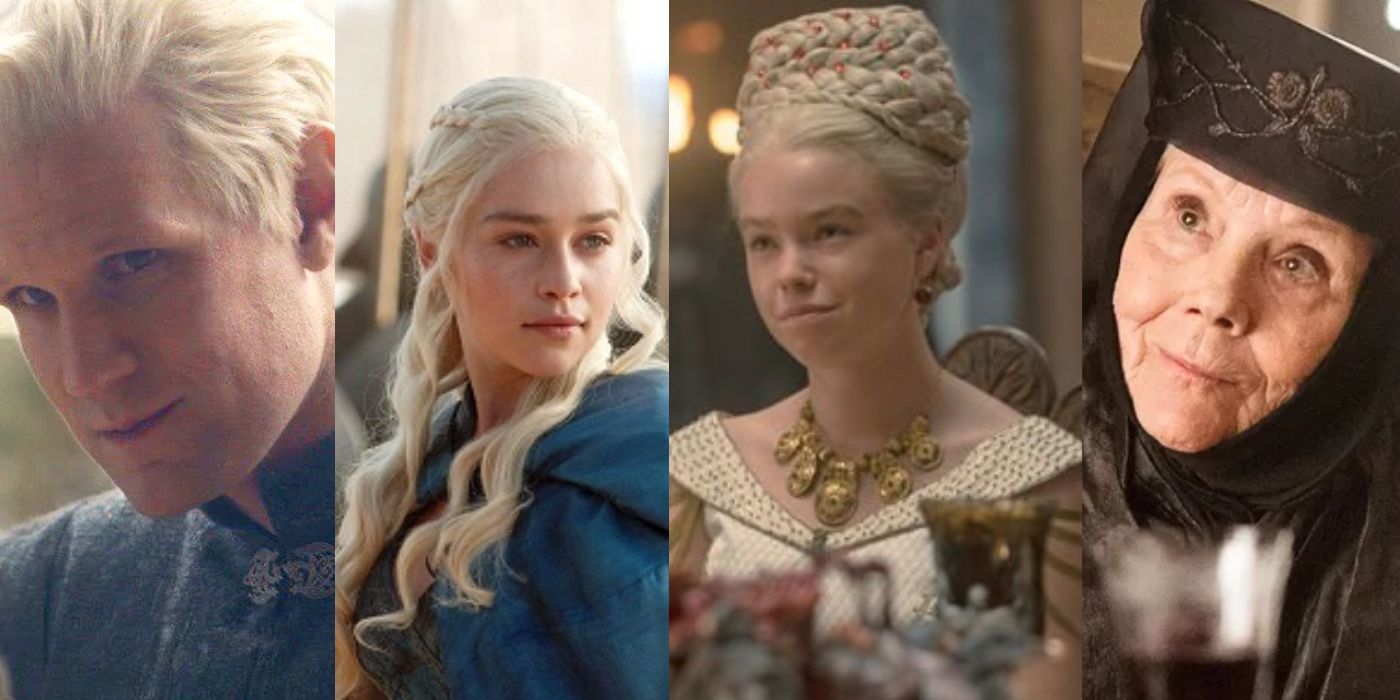 Daemon, Danaerys and Rhaenyra Targaeryen and Olenna Tyrell split image
