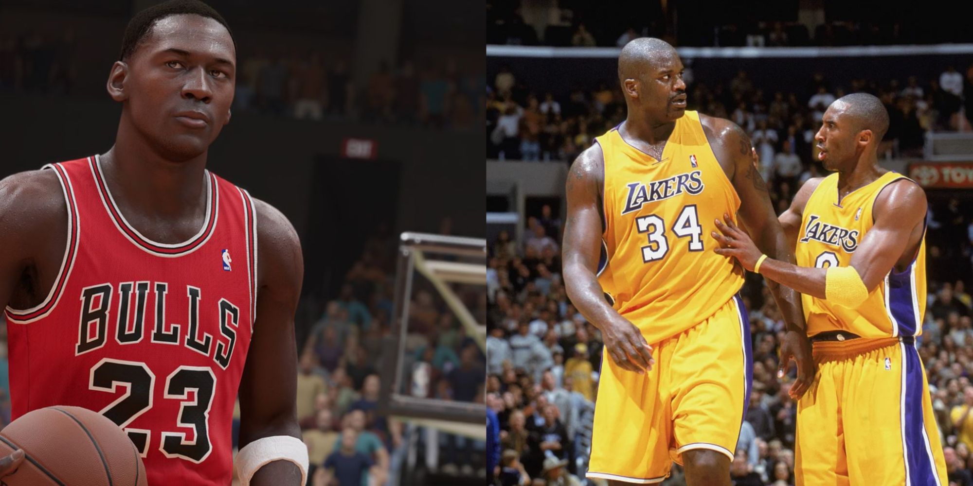 Split image of Michael Jordan in NBA 2K23 and Kobe with Shaq