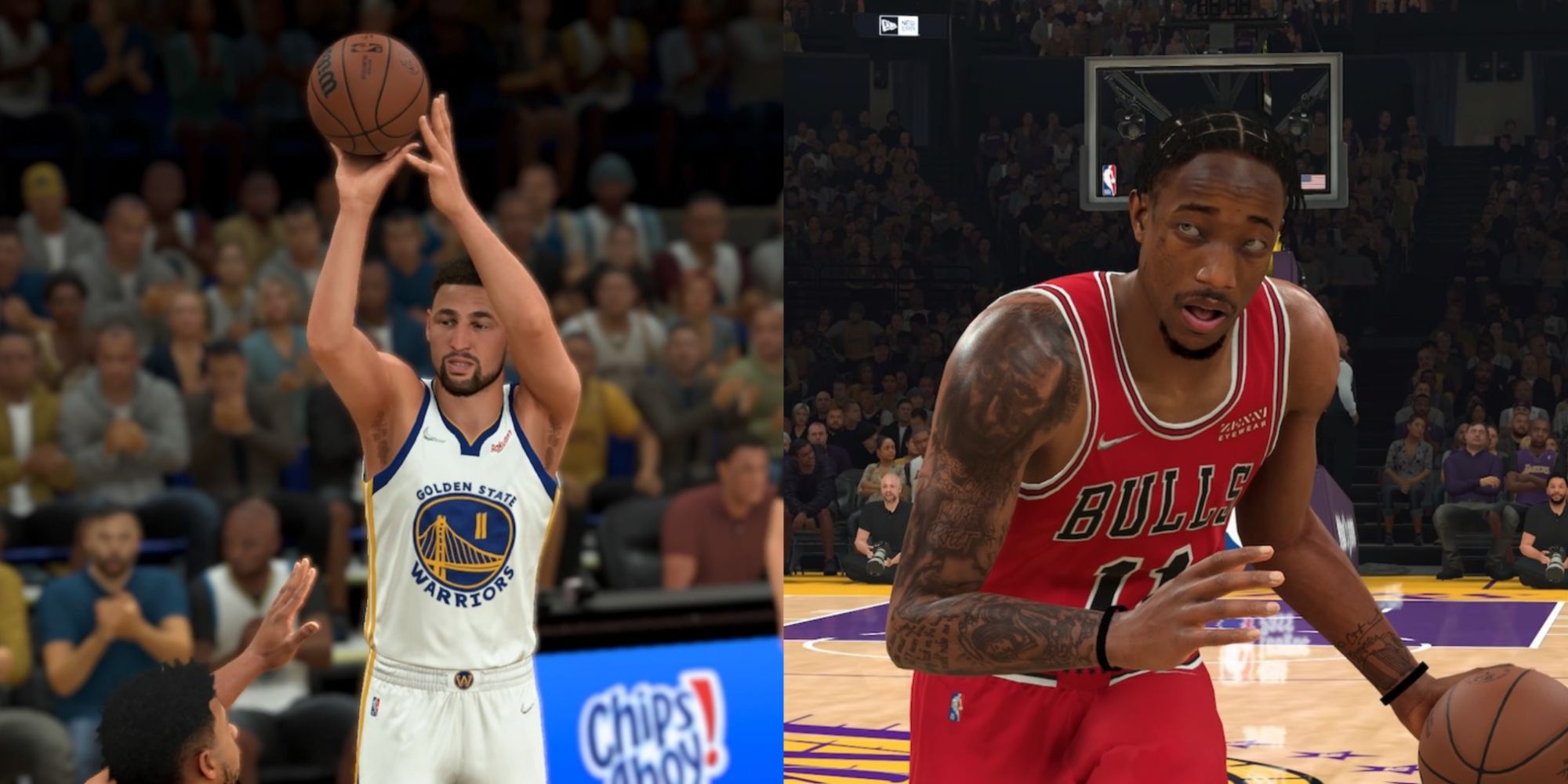 Split image of Klay Thompson and Demar Derozen in NBA 2K