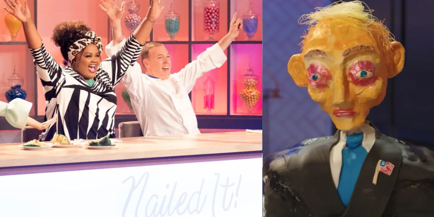 Split image of Nicole and Jacques and cake fail of Donald Trump from Nailed It