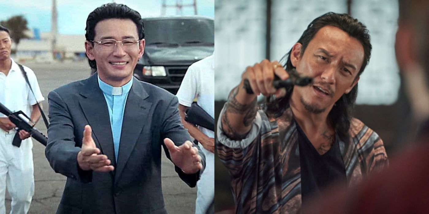 Split image showing Pastor Jeon and Chen in Narco Saints