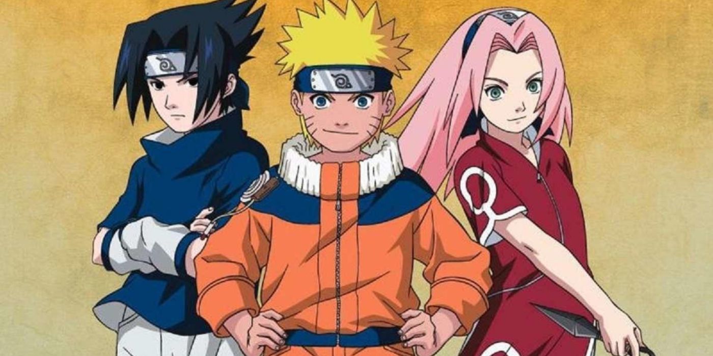 Arte chave do anime Naruto com Sasuke, Naruto e Sakura.