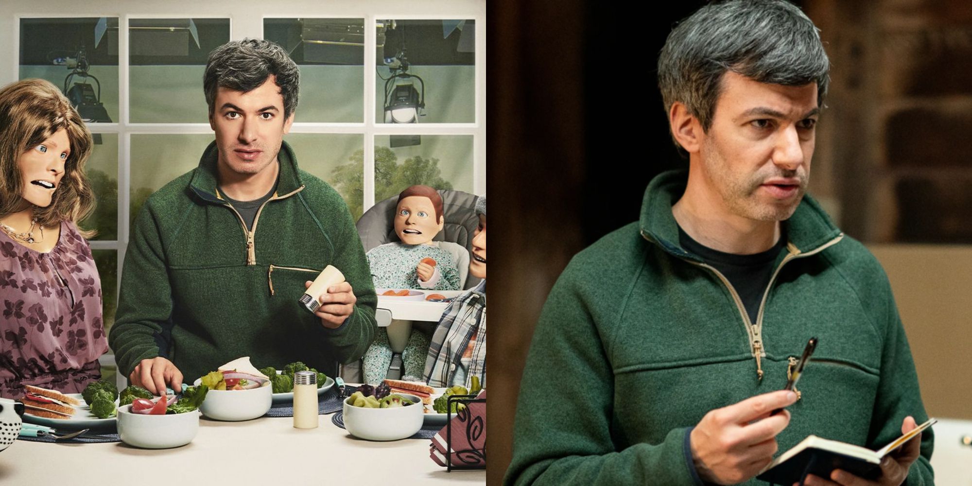 Split image showing Nathan Fielder in the poster for The Rehearsal and in a scene from the show.