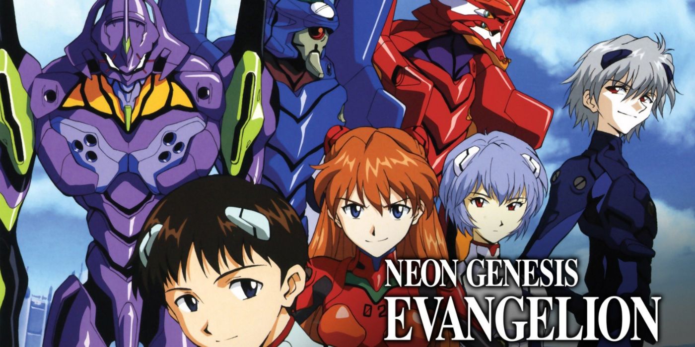 Neon Genesis Evangelion key art featuring Shinji, Asuka, Rei, and Kaworu with their mechas.