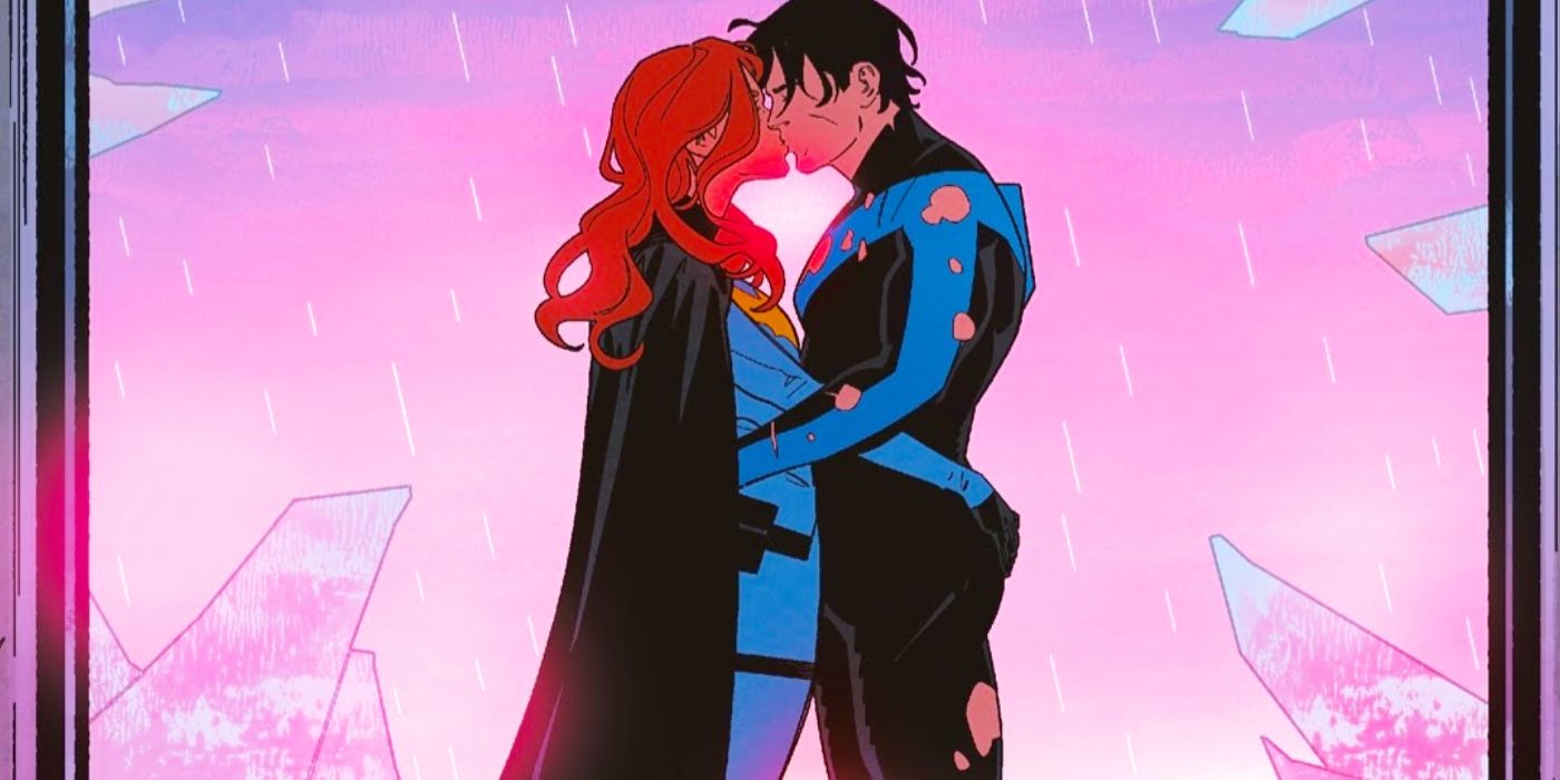 Comic book panel: Nightwing and Batgirl kiss over a purple background.