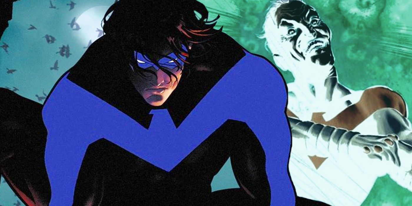 Comic book art: Nightwing in front of the Joker.