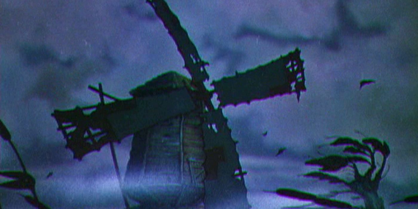 The old mill is blown by a gale in the Disney short.
