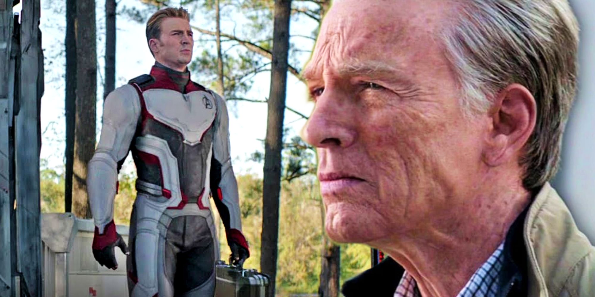 Split image of Old Steve Rogers and Time-Traveling Captain America in Avengers Endgame