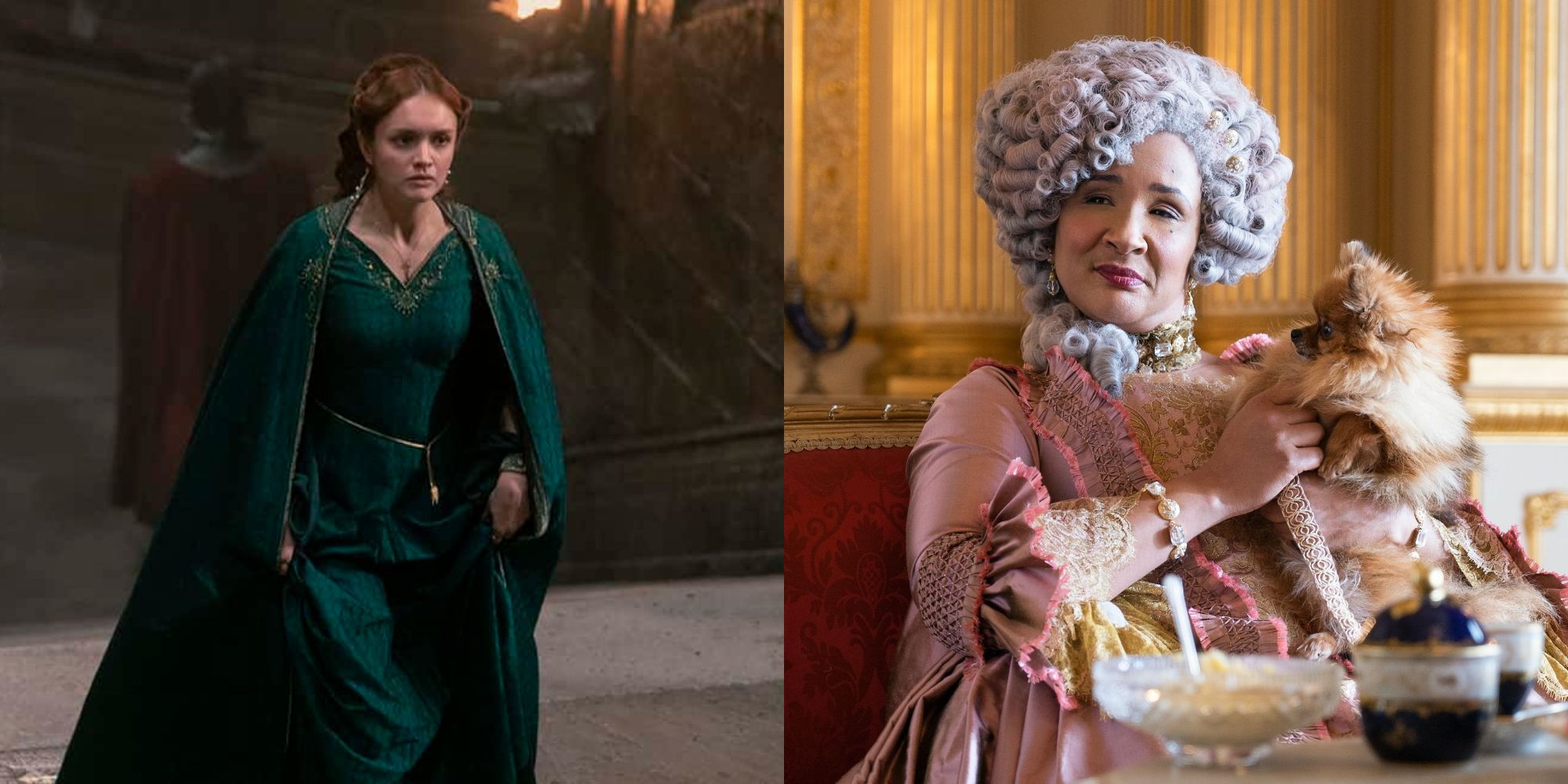 Split image showing Alicent Hightower in House of the Dragon and Queen Charlotte in Bridgerton.