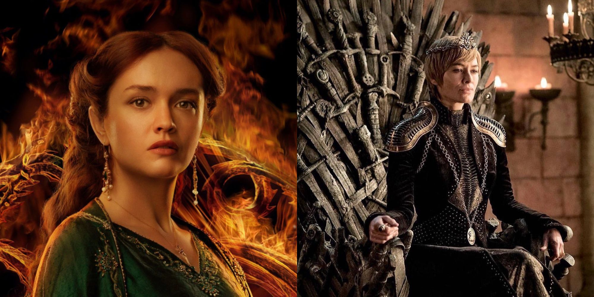 Split image showing Alicent Hightower in House of the Dragon and Cersei Lannister in Game of Thrones
