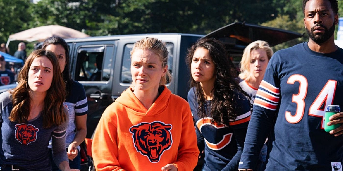 One Chicago Crossover with cast wearing Chicago Bears shirts
