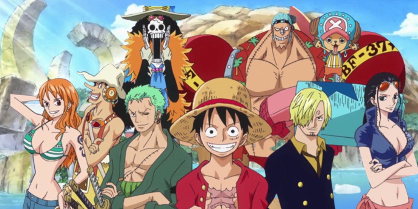 Luffy com o resto de sua tripulação do Chapéu de Palha na arte-chave do anime One Piece.