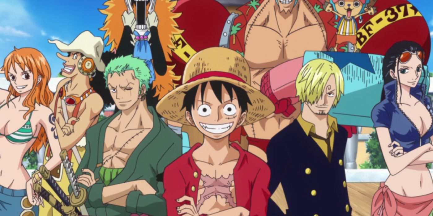 Arte chave do anime One Piece com Luffy e o resto dos Piratas do Chapéu de Palha.