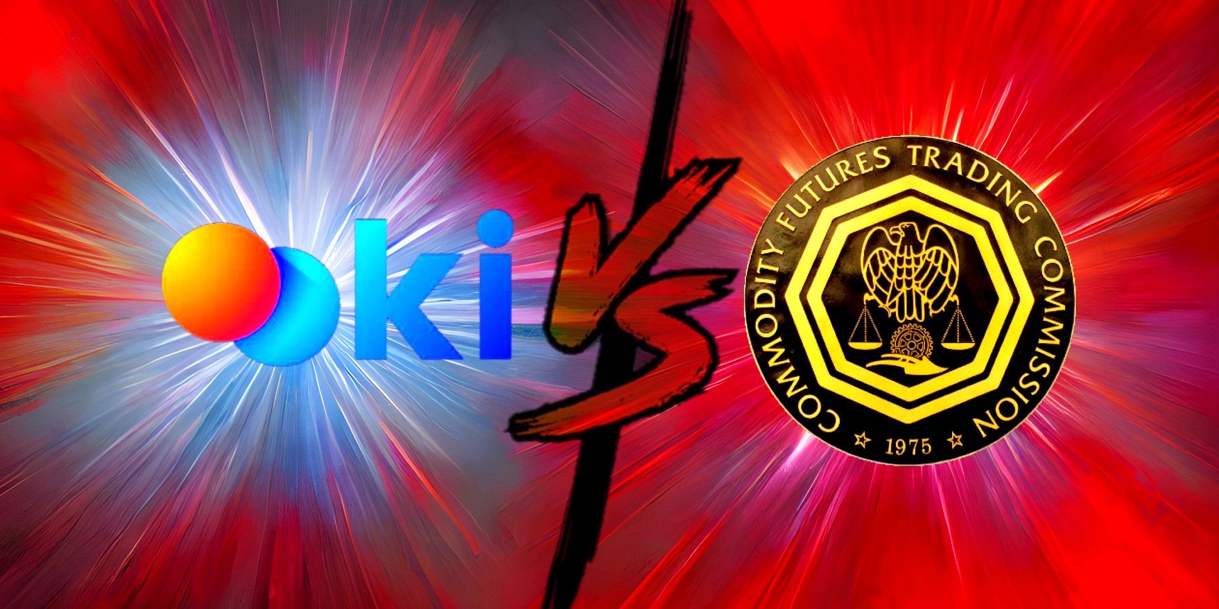 Ooki logo on left, "VS" text with black vertical stripe in center, CFTC logo on right, with red and blue starburst background