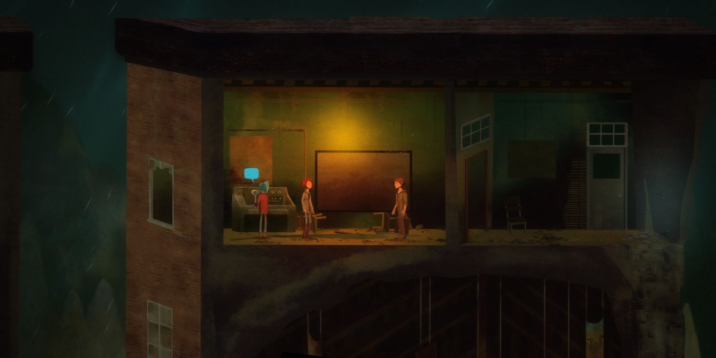 Dois personagens se olham em uma sala de Oxenfree