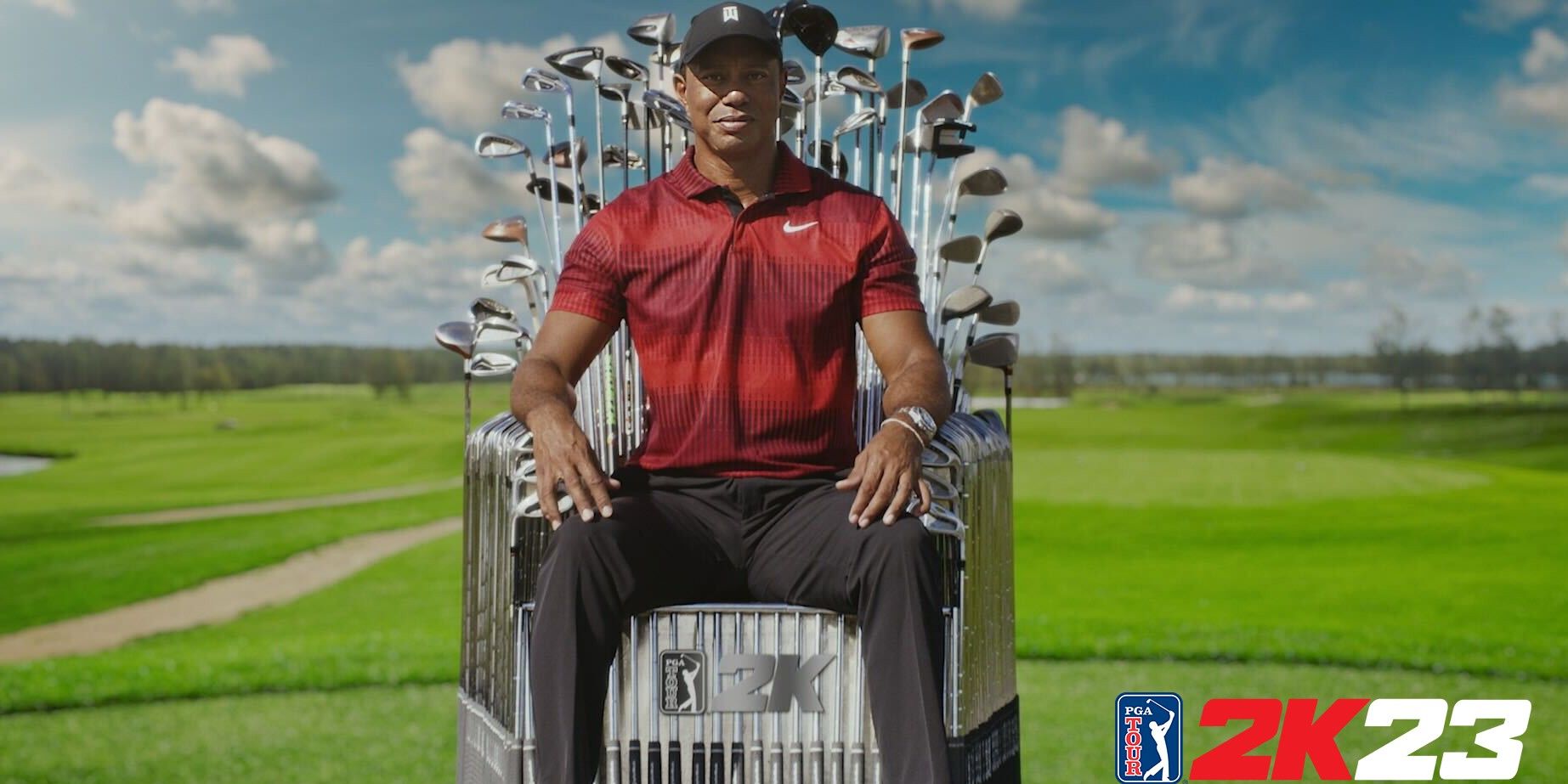 PGA Tour 2K23 Tiger Woods on a golf club throne.
