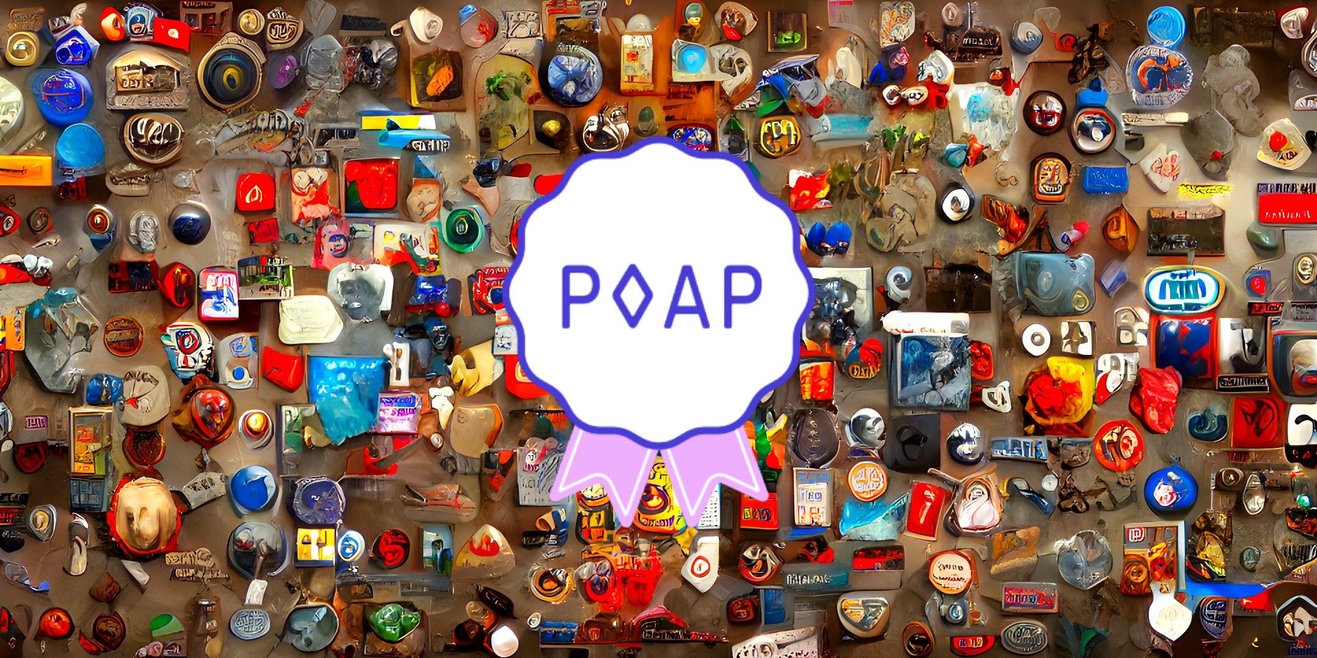 Wall covered in badges and decals with the POAP logo in center