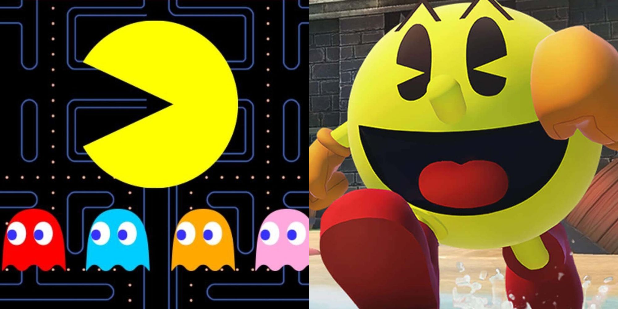 Split image showing Pac-Man in the arcade version and in Pac-Man World.