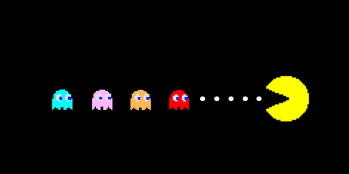 Pac-Man about to eat the ghosts.