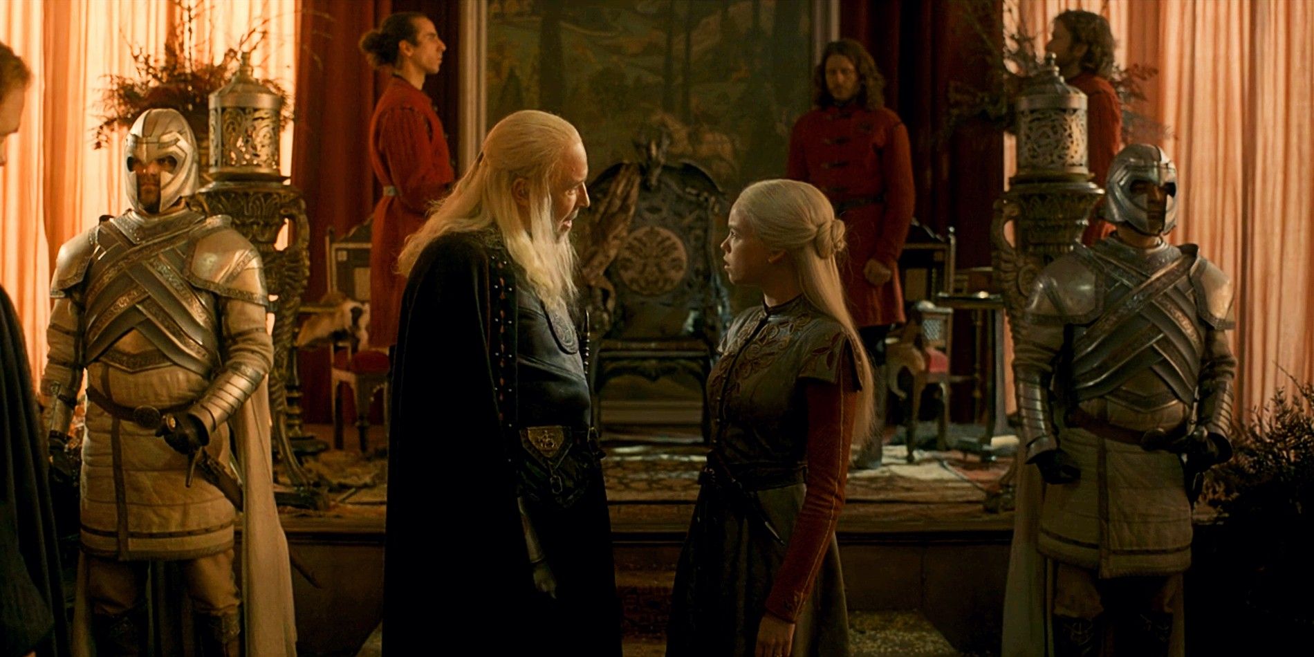 Paddy Considine como Viserys I Targaryen e Milly Alcock como Rhaenyra Targaryen em House of the Dragon