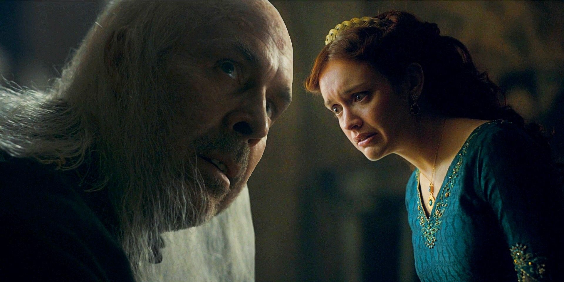 Paddy Considine as Viserys Targaryen and Olivia Cooke as Alicent Hightower in House of the Dragon episode 6.