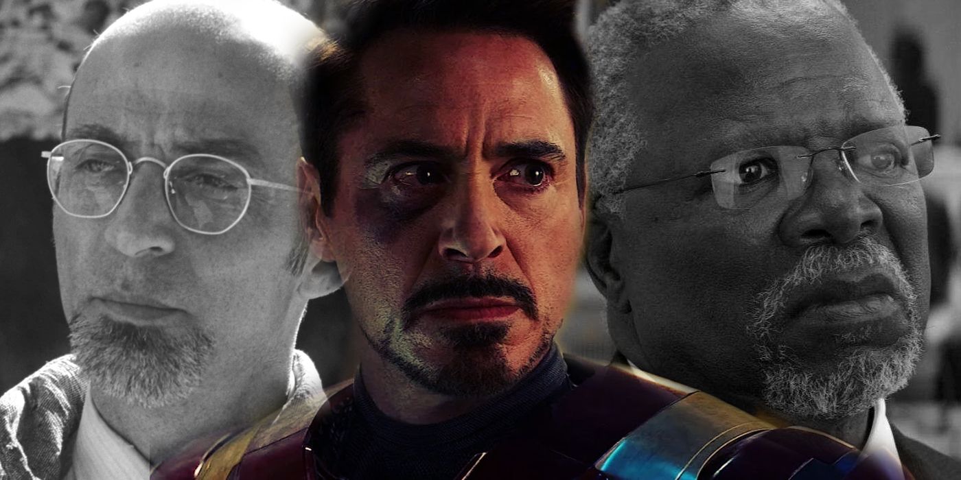 Black-and-white images of Yinsen and T'Chaka overlayed with an image of an emotional Tony Stark in Captain America: Civil War